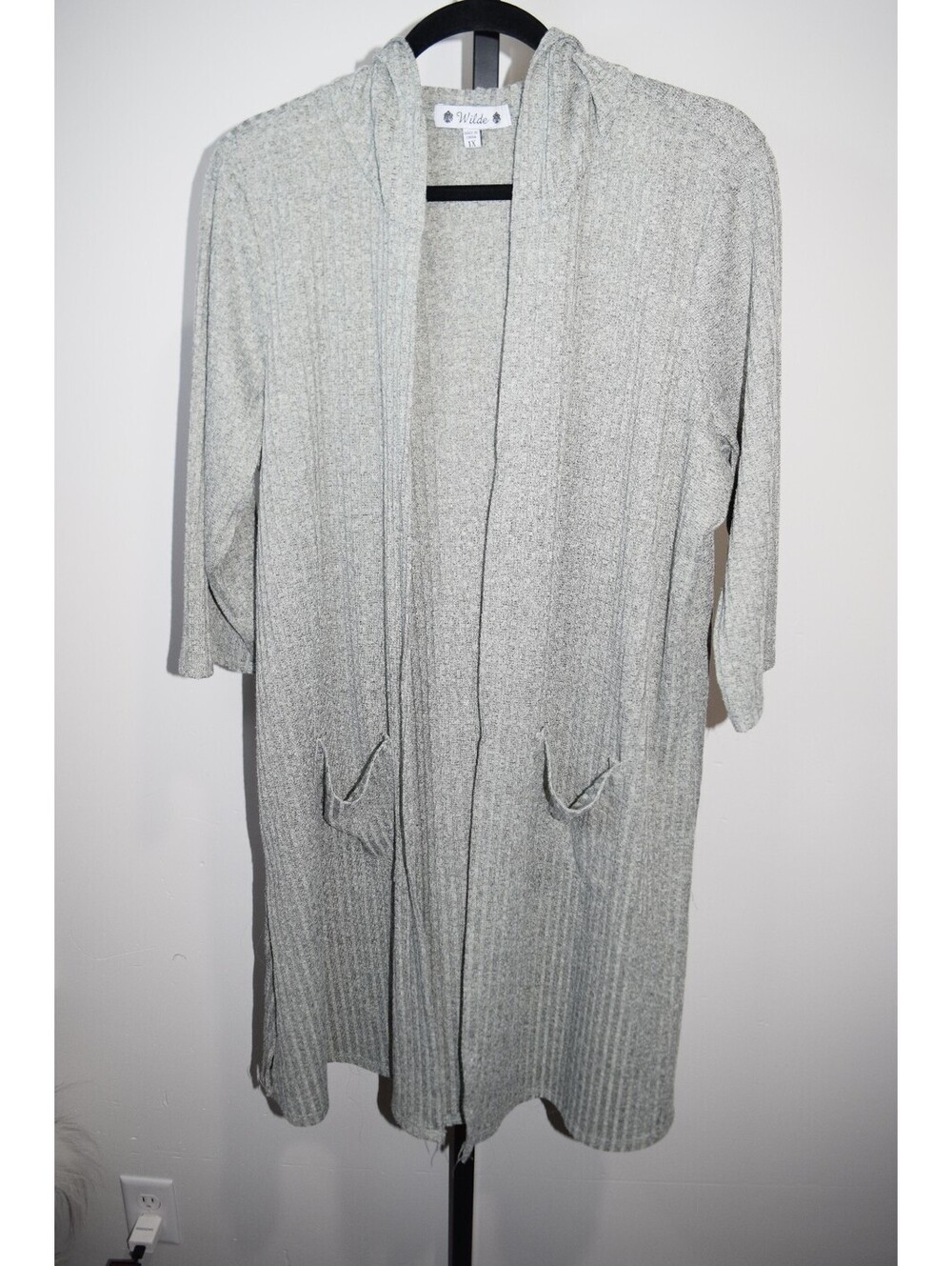 Wilde Greenish Gray Hooded Cardigan Size 1X Ribbed Knit Open Front Duster